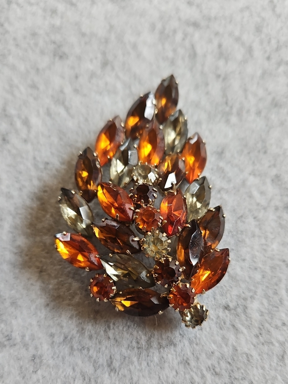 Vintage Amber and Topaz Navette And Round Rhinestone Leaf Brooch Gold Tone